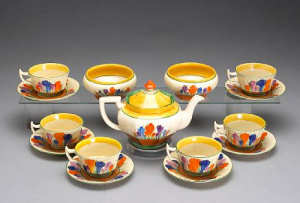 A Clarice Cliff assembled tea set in the 'Crocus' pattern circa 1930