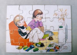 Wooden Mabel Lucy Attwell puzzle depicting children watching television, 1960s 