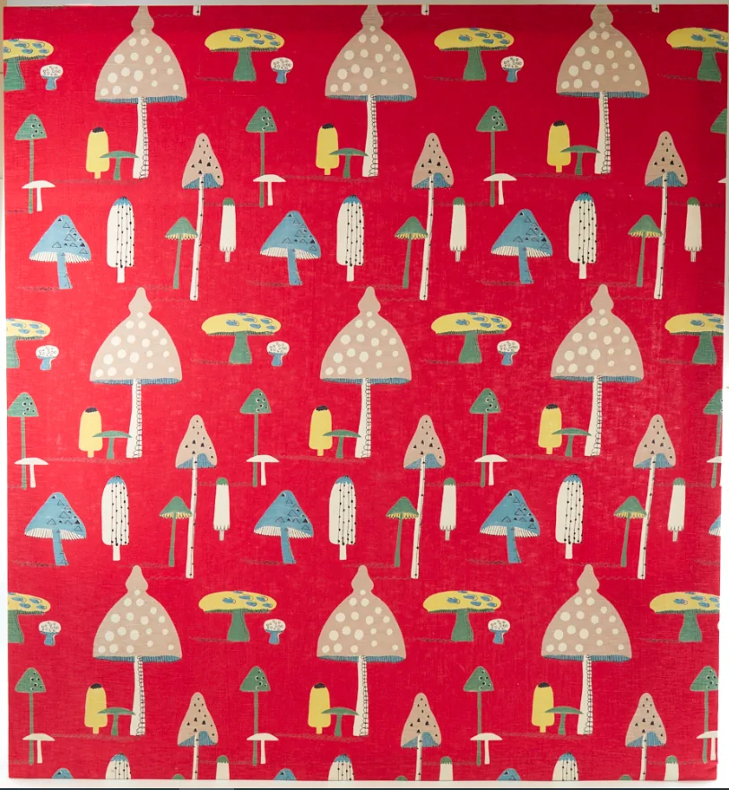 Jessie Tait For Rosebank Vintage Toadstool Design Fabric Panel Mounted On Stretcher Frame