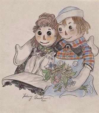 Gruelle Johnny Raggedy Ann & Andy original pencil and crayon drawing