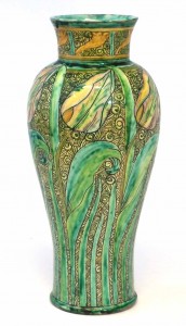 Della Robbia vase incised with tulips on a textured ground by Charles Collis
