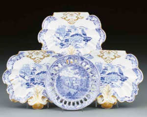 A William Mason blue and white dessert-plate and three Mason's Ironstone dishes Circa 1820