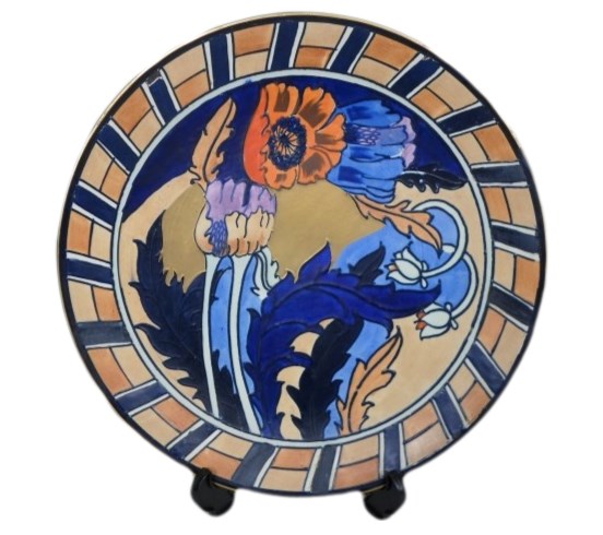 charlotte rhead plaque charger stylized open poppy flowers in red and blue