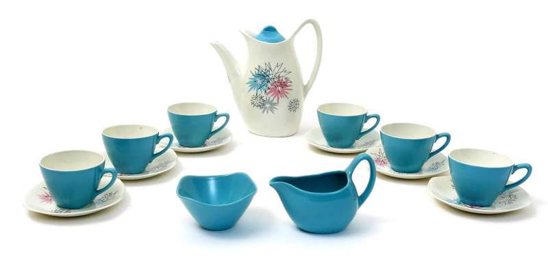 A Midwinter Quite Contrary Fashion coffee set for six designed by Jessie Tait