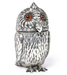 A Victorian Silver Mustard-Pot modelled as an owl by James and Nathaniel Creswick Sheffield 1854