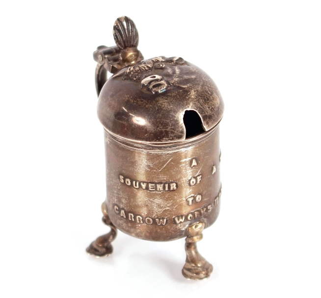 A rare and unusual silver mustard pot, relating to Colmans Norwich