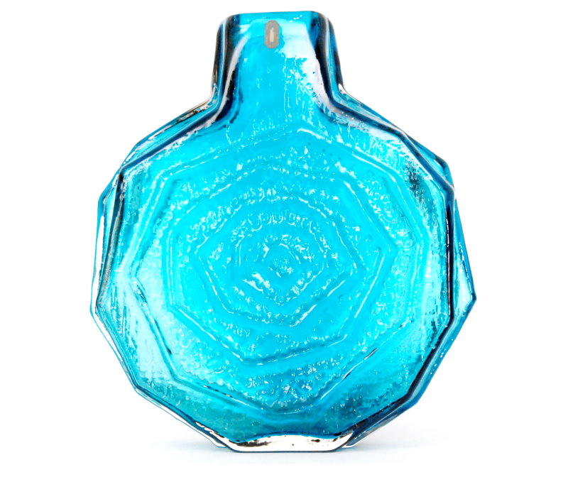 Geoffrey Baxter Whitefriars A Textured range Banjo vase, pattern 9681 in Kingfisher Blue
