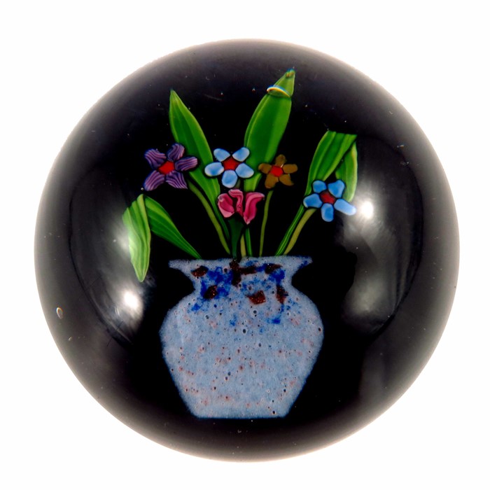 Paul Ysart, Monart vase with flowers paperweight on a black ground, Monart vase with aventurine splashes