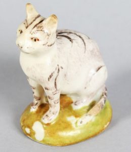 lowestoft porcelain cat with grey and black stripes