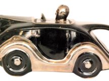 1930s Sadler teapot modelled as a black racing car with silver lustre trims
