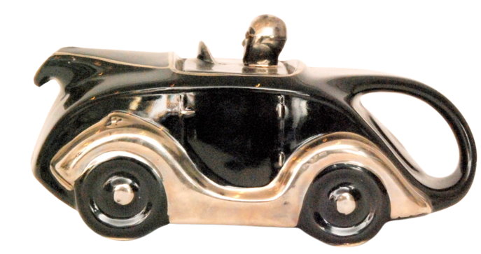 1930s Sadler teapot modelled as a black racing car with silver lustre trims