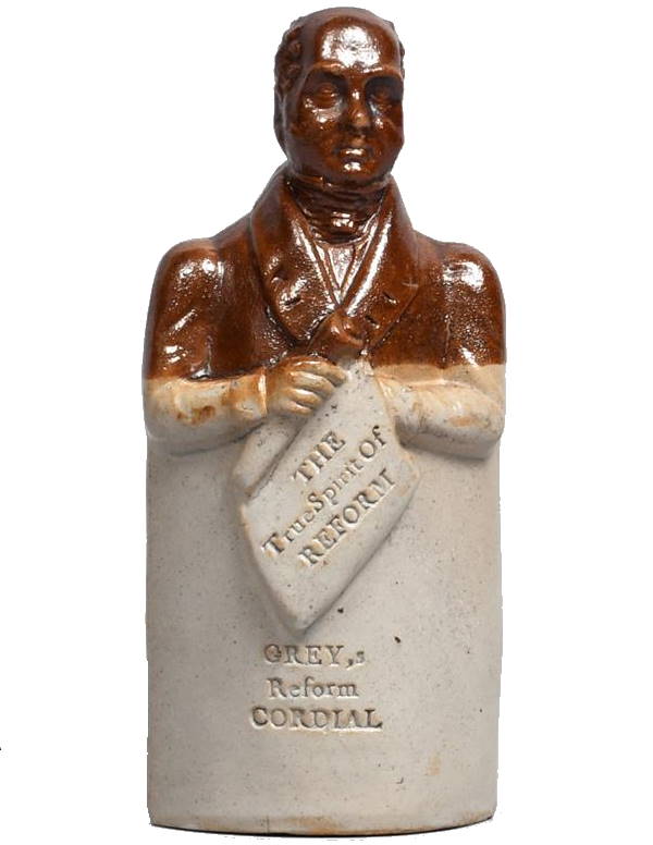 A Lambeth salt-glazed stoneware flask c1832 modelled as the prime minister Lord Grey