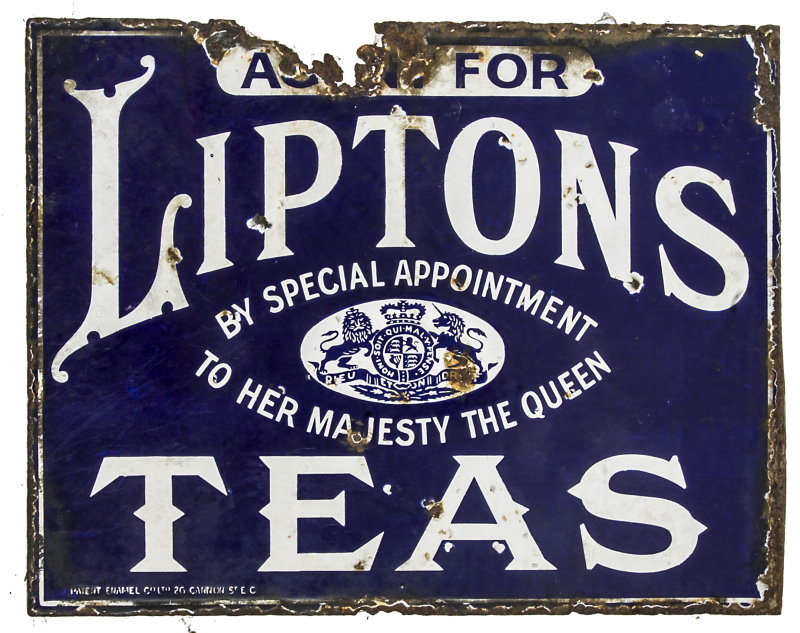Ask For Liptons Tea enamel sign white lettering on blue