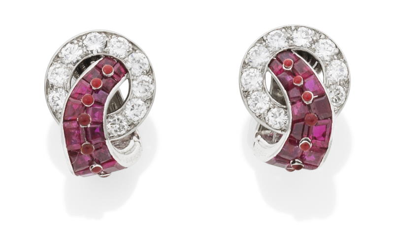 Cartier A Pair Of Art Deco Ruby And Diamond Earclips Circa 1930
