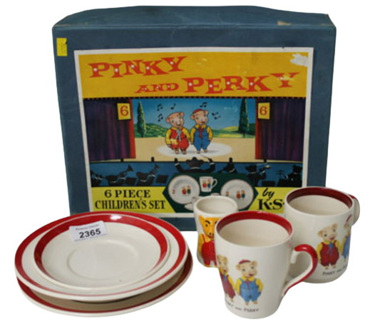 Pinky and Perky six piece childrens tea set in original box from Keele Street Pottery