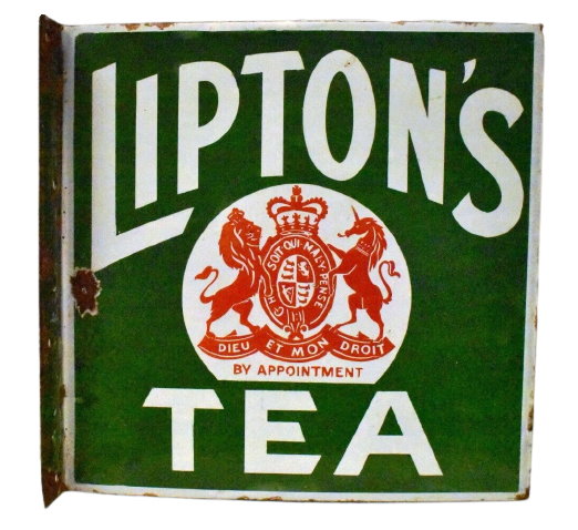 Vintage Lipton Tea Sign Board Porcelain Enamel Double Sided Flange