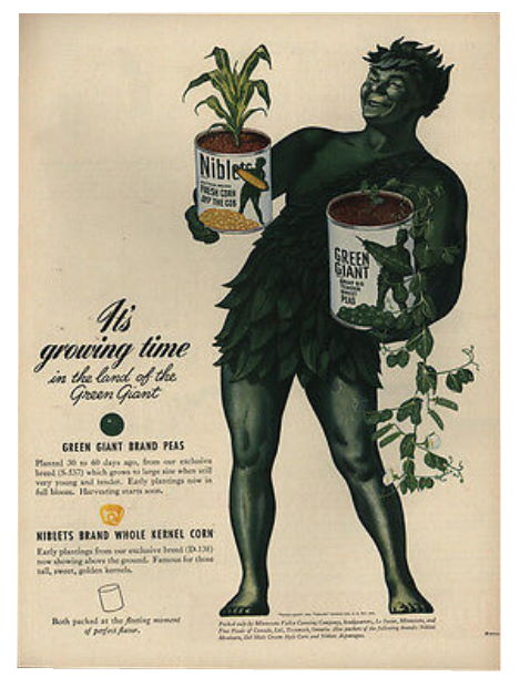 1945 Jolly GREEN GIANT Corn Niblets & Peas Advert