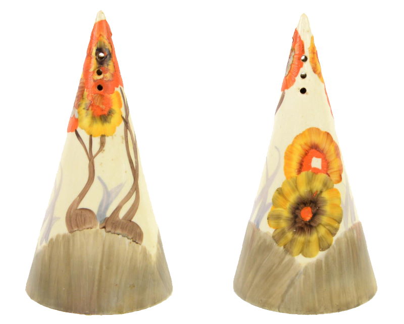 Clarice Cliff Bizarre conical sugar sifter painted in the orange Rhodanthe pattern showing both sides