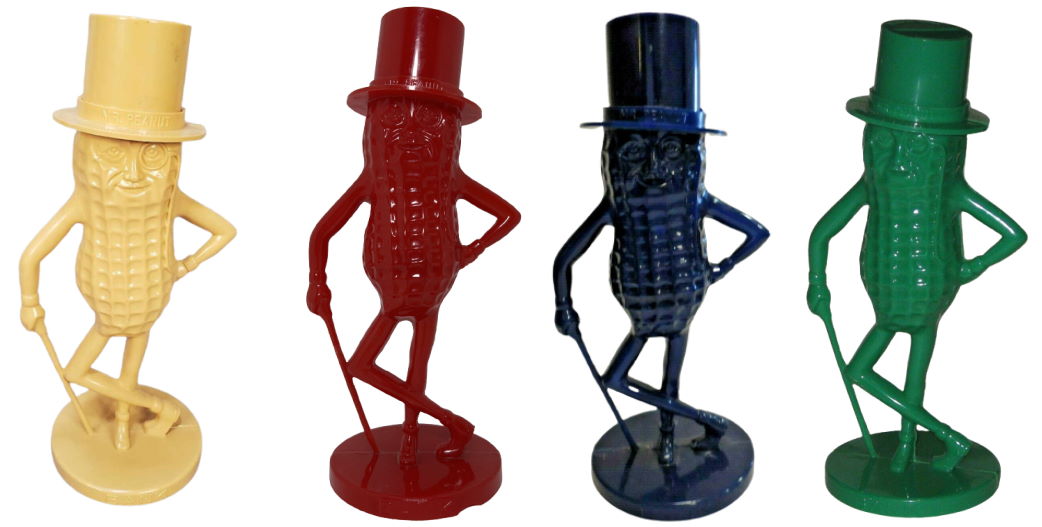 a selection of Mr Peanut money banks in red blue green and beige