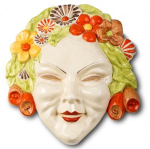 A Clarice Cliff Flora bizarre ceramic wall mask large version in orange green yellow