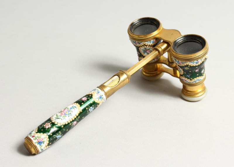 A pair of 19th Century Le Maire French Paris Ormolu and Green Enamel Opera Glasses