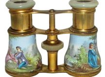 Antique French Lemaire Enameled Opera Glasses Circa 1900 with painted body featuring courting couples