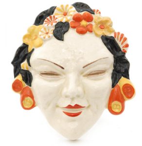 Clarice Cliff Flora wall mask circa 1936 relief moulded as a ladies face with floral hair picked out in black red orange and yellow