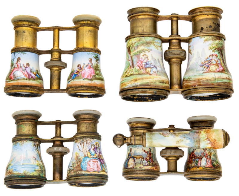 Four pairs of late 19th century French gilt-brass and enamelled opera glasses