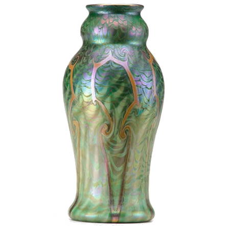 KEW-BLAS Gold iridescent glass vase with pulled feather decoration in green