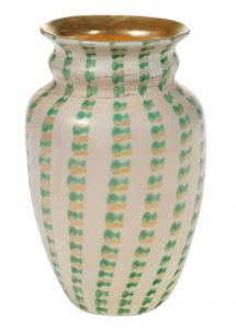 Kew Blas glass urn in opaque white iridescent with alternation green and gold decoration