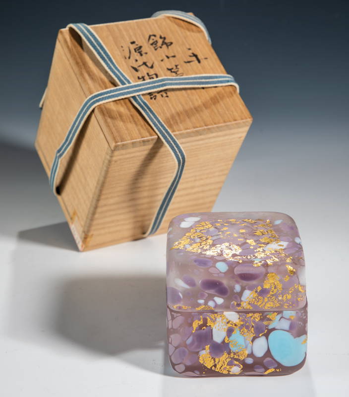 Kyohei Fujita Colorless glass with melted opaque color crumbs the outer wall with melted gold foil