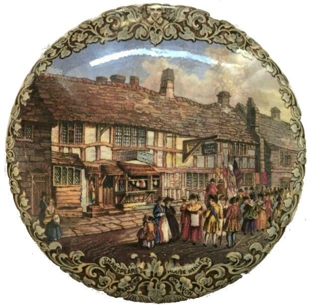 Pratt Ware Pot Lid Shakespeares House with Leaf and Scroll border. This sold for £84 on ebay, August 2022.
