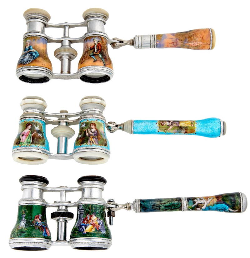 Three pairs of late 19th century French nickel-plated and enamelled opera glasses