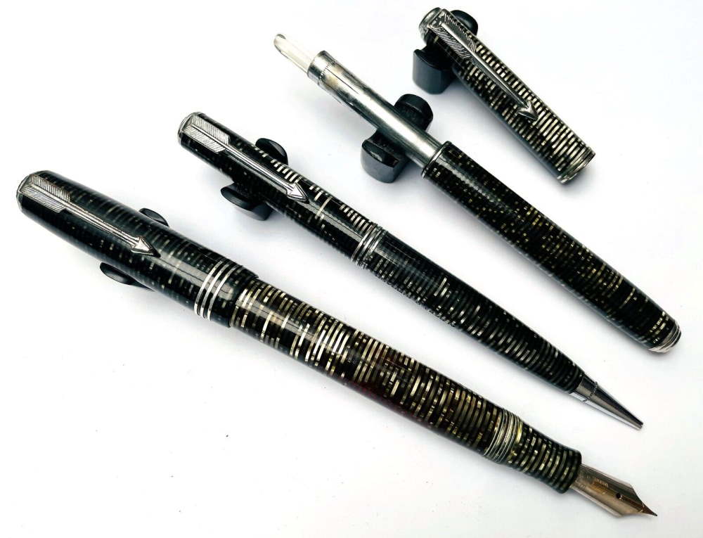 Parker Vacumatic Doctor Trio of Pearly Grey FP, Pencil & Thermometer