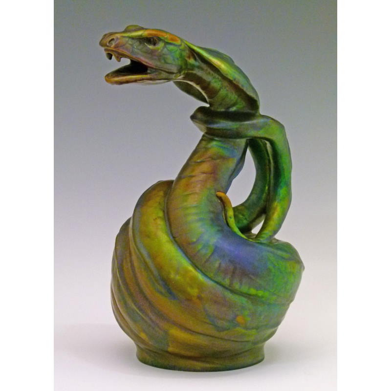 Zsolnay Serpent ewer formed as a coiled Hooded Cobra having a Eosin glaze