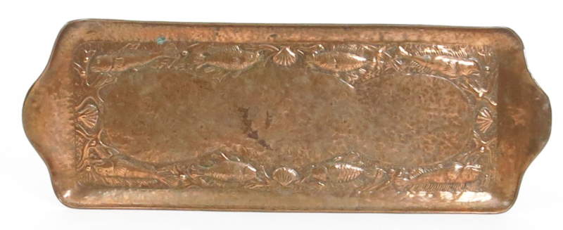A repousse hammered copper tray probably Newlyn Industrial Class attributed to William Pezzack