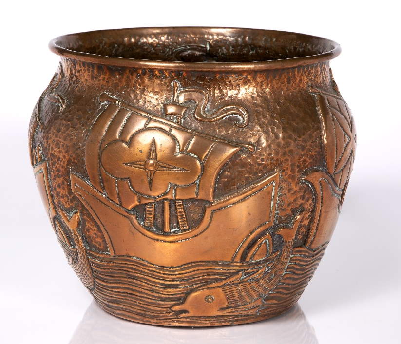 John Pearson Newlyn school Arts and Crafts copper jardiniere embossed with a repeating design of sail ships and fish