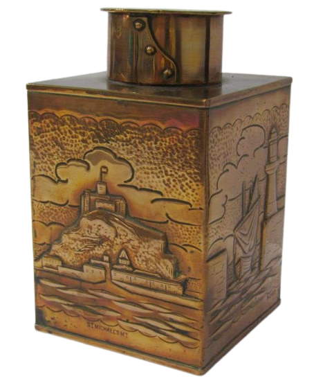 Newlyn square base tea caddy by Herbert Dyer depicting St Michael's Mount harbour and fishing boats