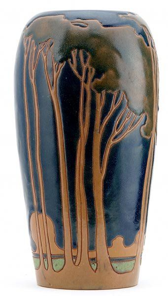 RHEAD SANTA BARBARA Tall vase etched with a stylized landscape