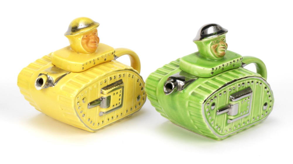 1930s Sadler Tank teapots in green and yellow