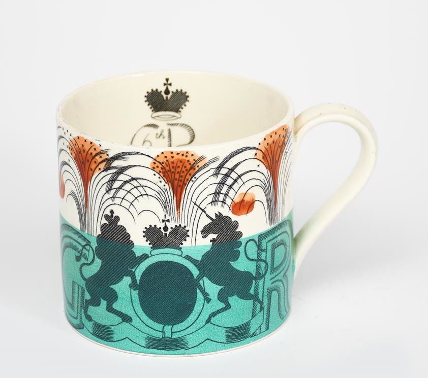 A Wedgwood Pottery Coronation of His Majesty King George VI commemorative mug designed by Eric Ravilious with green band
