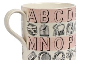 Wedgwood Pottery Alphabet Mug designed by Eric Ravilious with pink bands