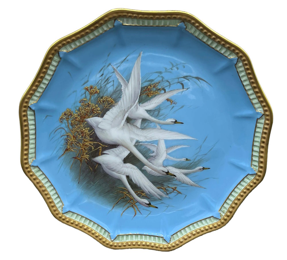 Charles Baldwyn for Royal Worcester a swan painted plate 1905 five swans in flight
