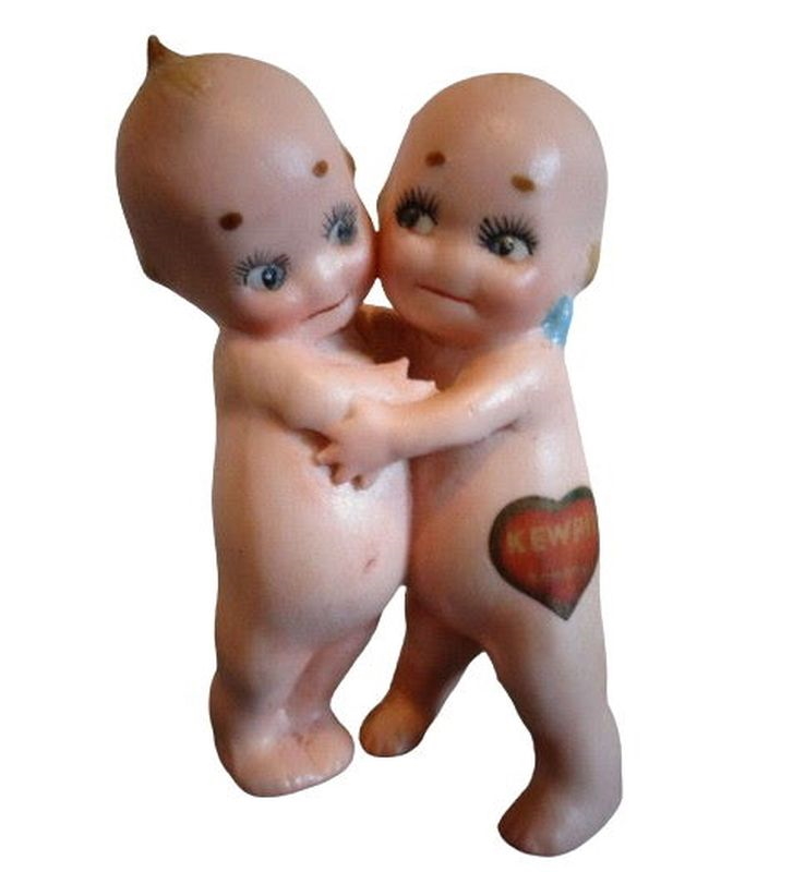Antique Rose O Neill Bisque German Kewpie Doll Huggers with Stickers Labels