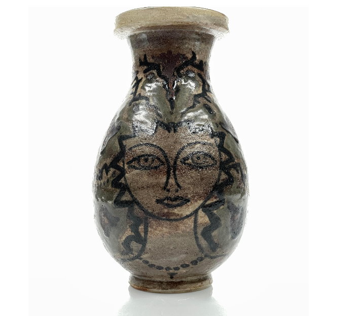 René Buthaud Art Deco Ceramic Vase in dark form with two outlined female faces