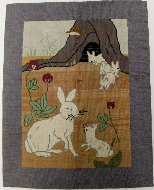 1930s Grenfell Mat Rug featuring rabbits