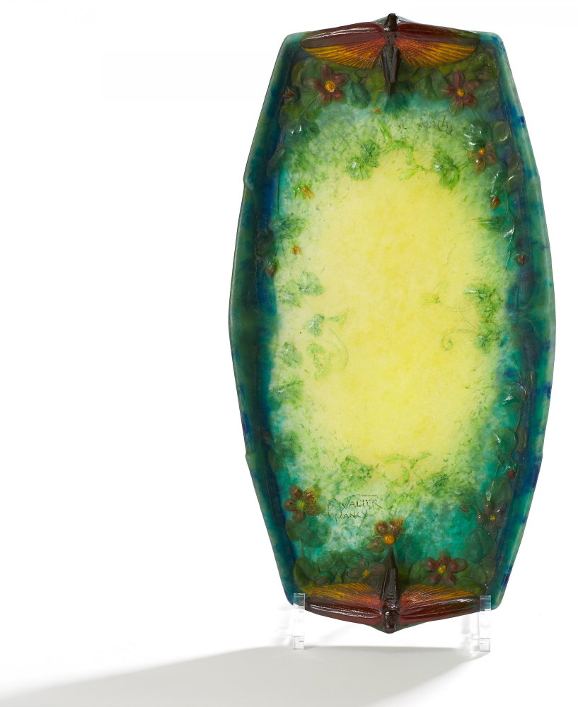 Oval Pâte De Verre Glass Tray With Moths And Flowering Tendrils c1920 by Henri Bergé for AWalter