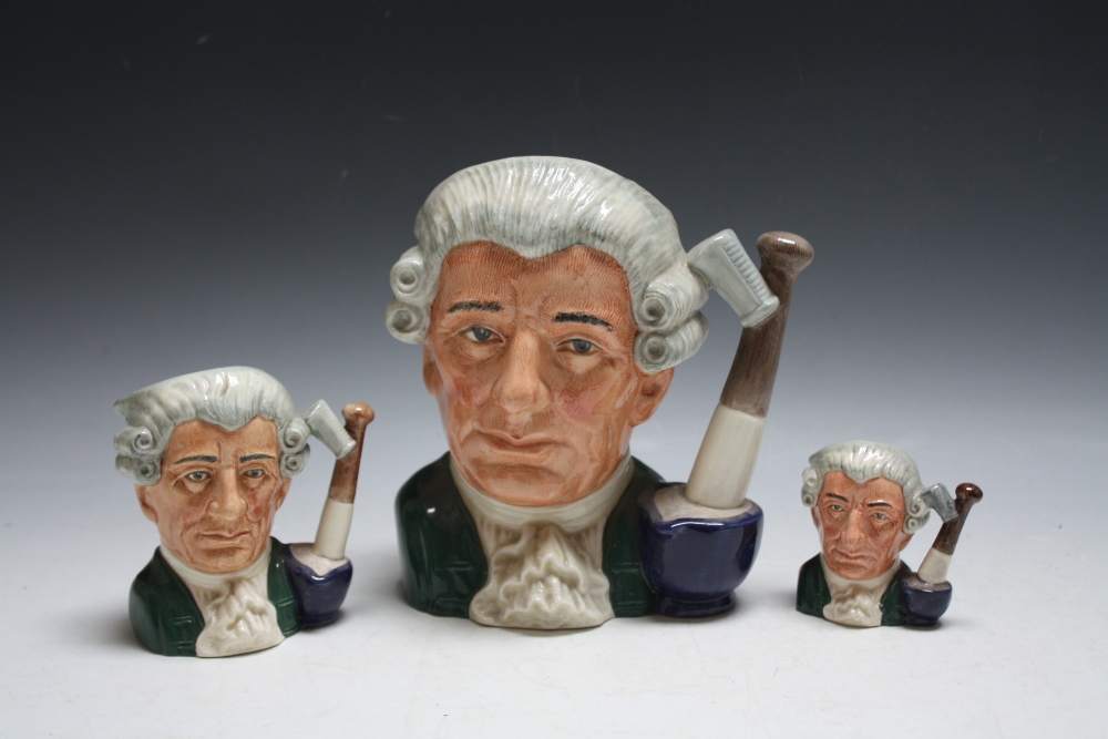 Three Graduating Royal Doulton Apothecary Character Jugs From Williamsburg Small D6581, Medium D6574 And Large D6567