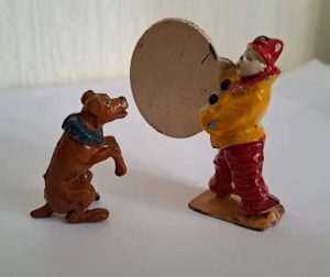 Vintage Charbens Lead Circus Clown With Hoop And Dog