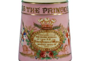 1888 Silver Wedding a tapering pottery mug by William Lowe